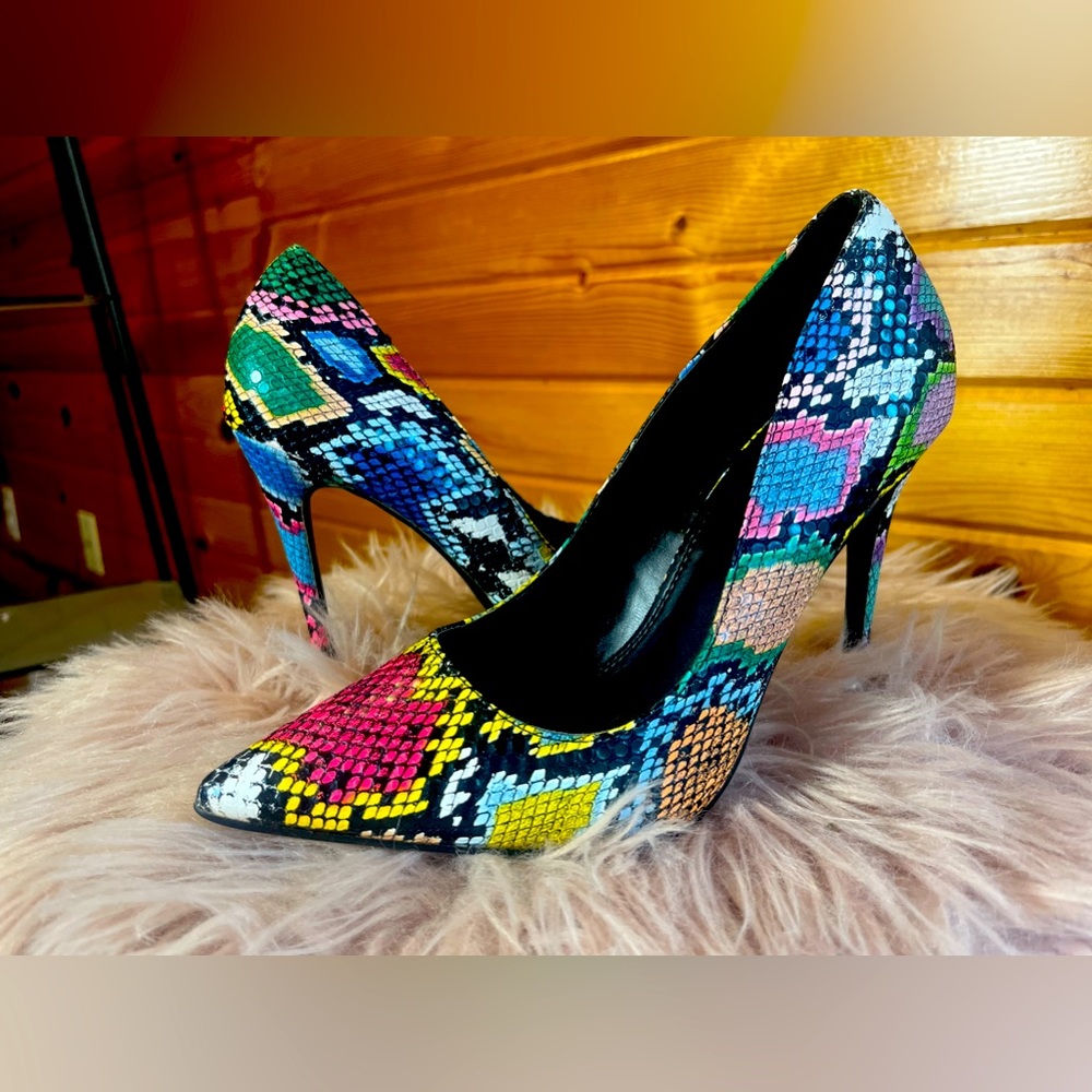 Rainbow snakeskin heels